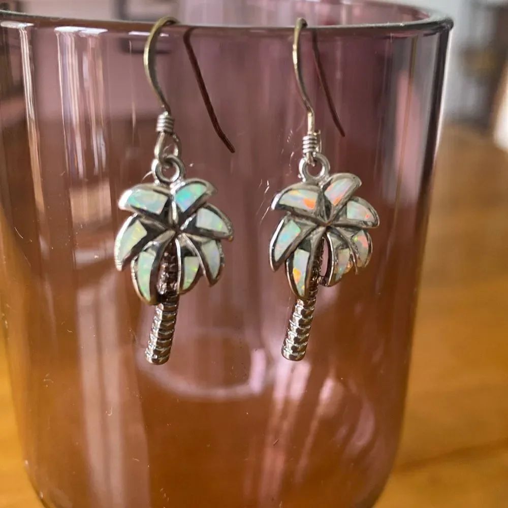 Sterling silver created White Opal inlayed palm tree earrings